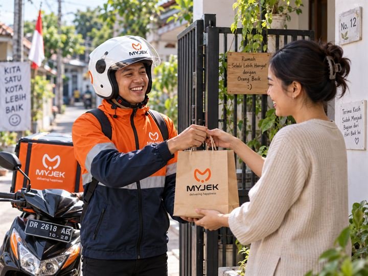 Rider MyJek menyerahkan pesanan kepada pelanggan di depan rumah